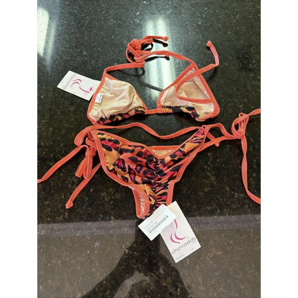 Chynna Dolls Bikini Swimwear Dancer Sz S/M Orange Animal Print Scrunch Butt NWT